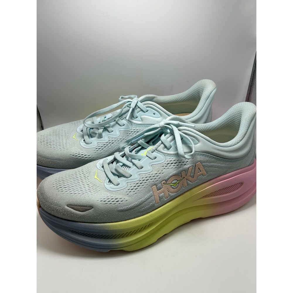 Hoka Bondi 9 Running Shoes Womens 12B Blue Rainbow Gradient Athletic Sneaker